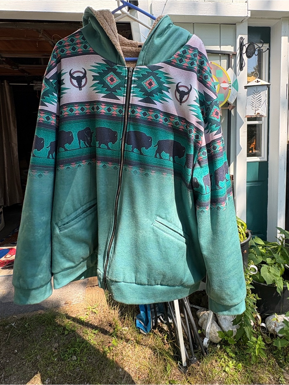 Men's Teal Aztec Buffalo Print Zip-Up Hoodie Jacket
